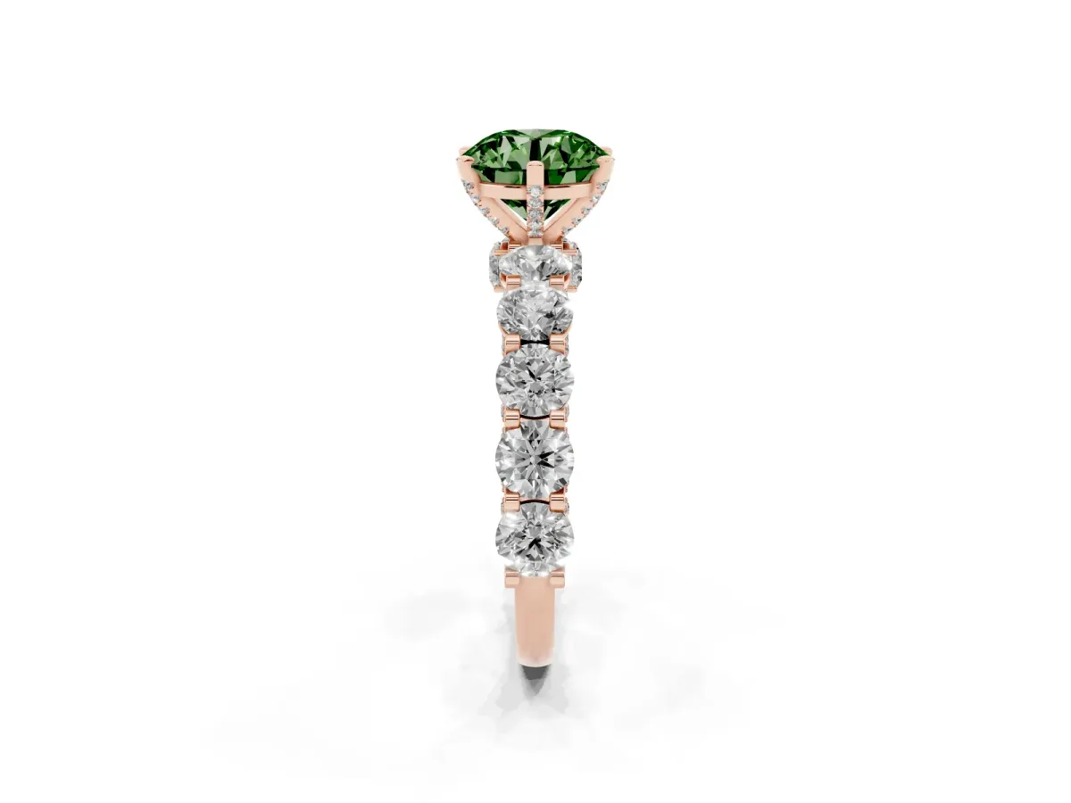 Fancy Green Round Cut Diamond Side Stone Engagement Ring with Four-Prong Setting Rose gold