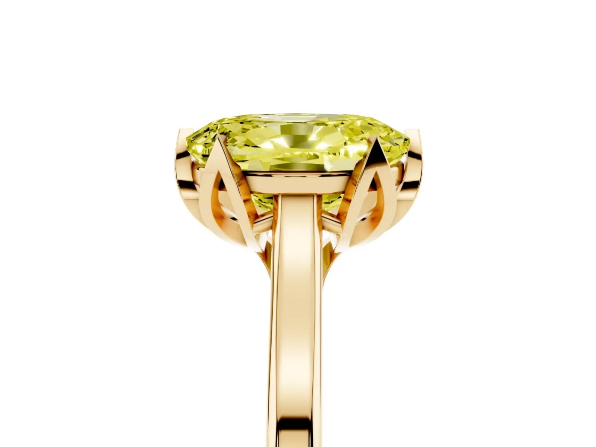 Fancy Yellow Oval Cut Diamond Solitaire Ring with Flower Prong Setting and Classic Band Yellow gold