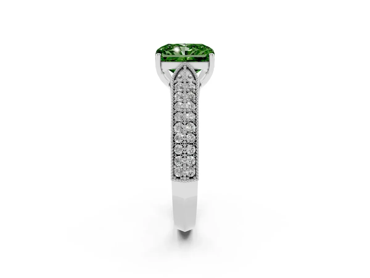 Fancy Green Radiant Cut Cut Pave Split Shank Engagement Ring with Four-Prong Setting Silver