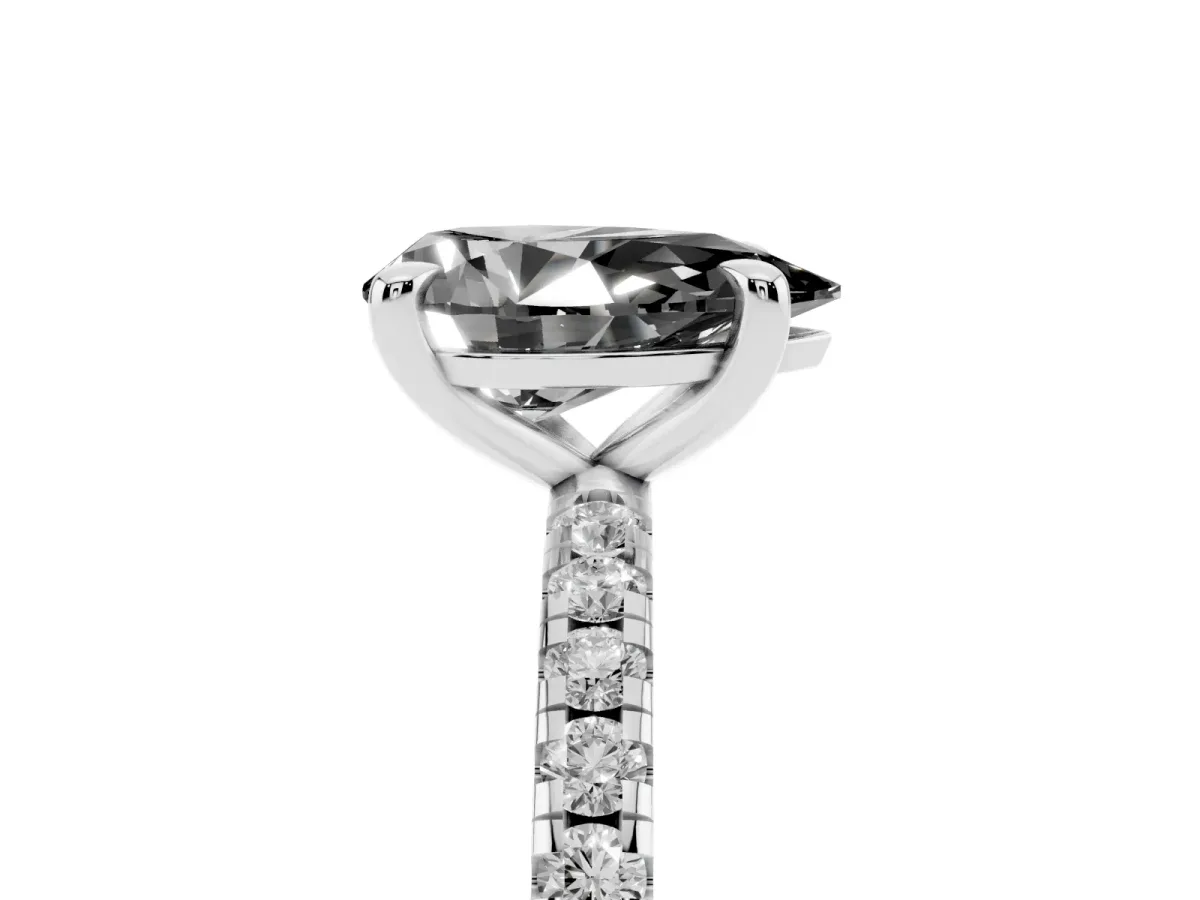 Fancy Black Pear Cut Diamond Brilliant Solitaire Ring with Pavé Band and Four-Prong Setting Silver