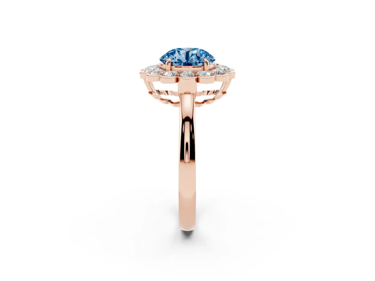 Fancy Blue Round Cut Halo Cluster Diamond Engagement Ring with Solitaire Band and Prong Setting Rose gold