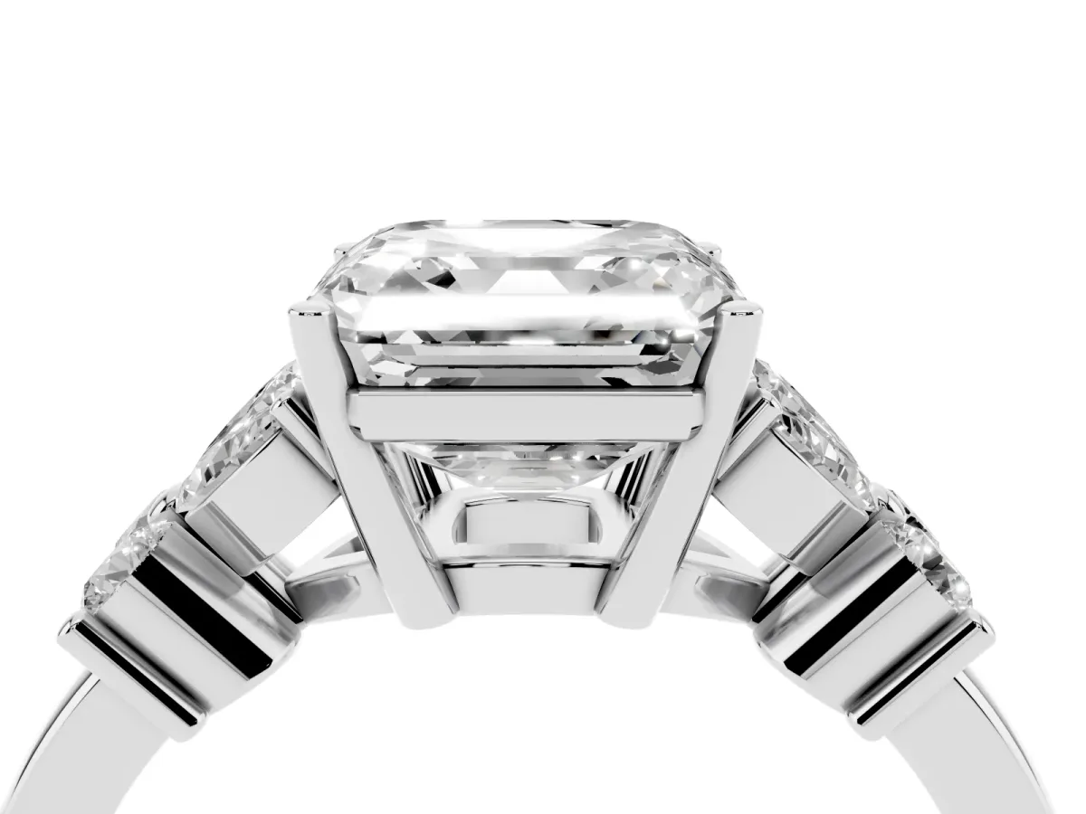 Asscher Cut Diamond Floral Cluster Ring with Solitaire Band and Prong Setting Silver