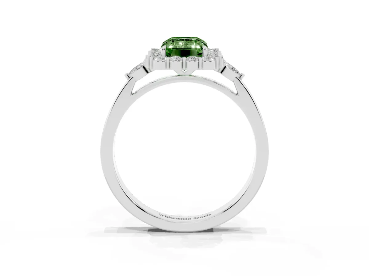 Fancy Green Emerald Cut Diamond Halo Ring with Pear Side Stones and Prong Setting Silver