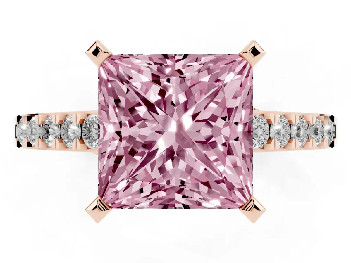 Fancy Pink Princess Cut Diamond Solitaire Ring with Crossover Gallery and Round Pavé Band Rose gold