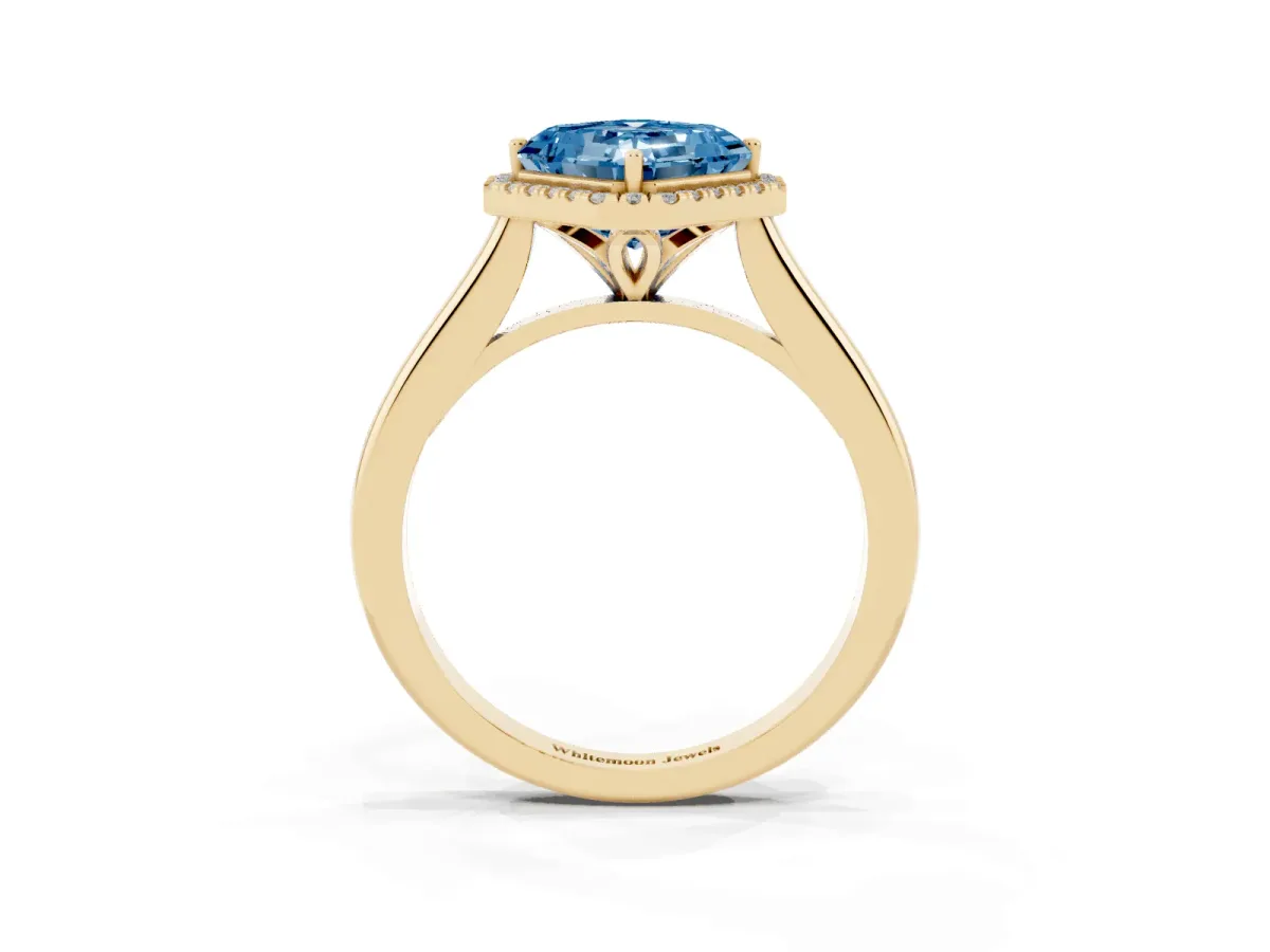 Fancy Blue Asscher Cut Halo Round Diamond Solitaire Engagement Ring with Pave Band and Four-Prong Setting Yellow gold