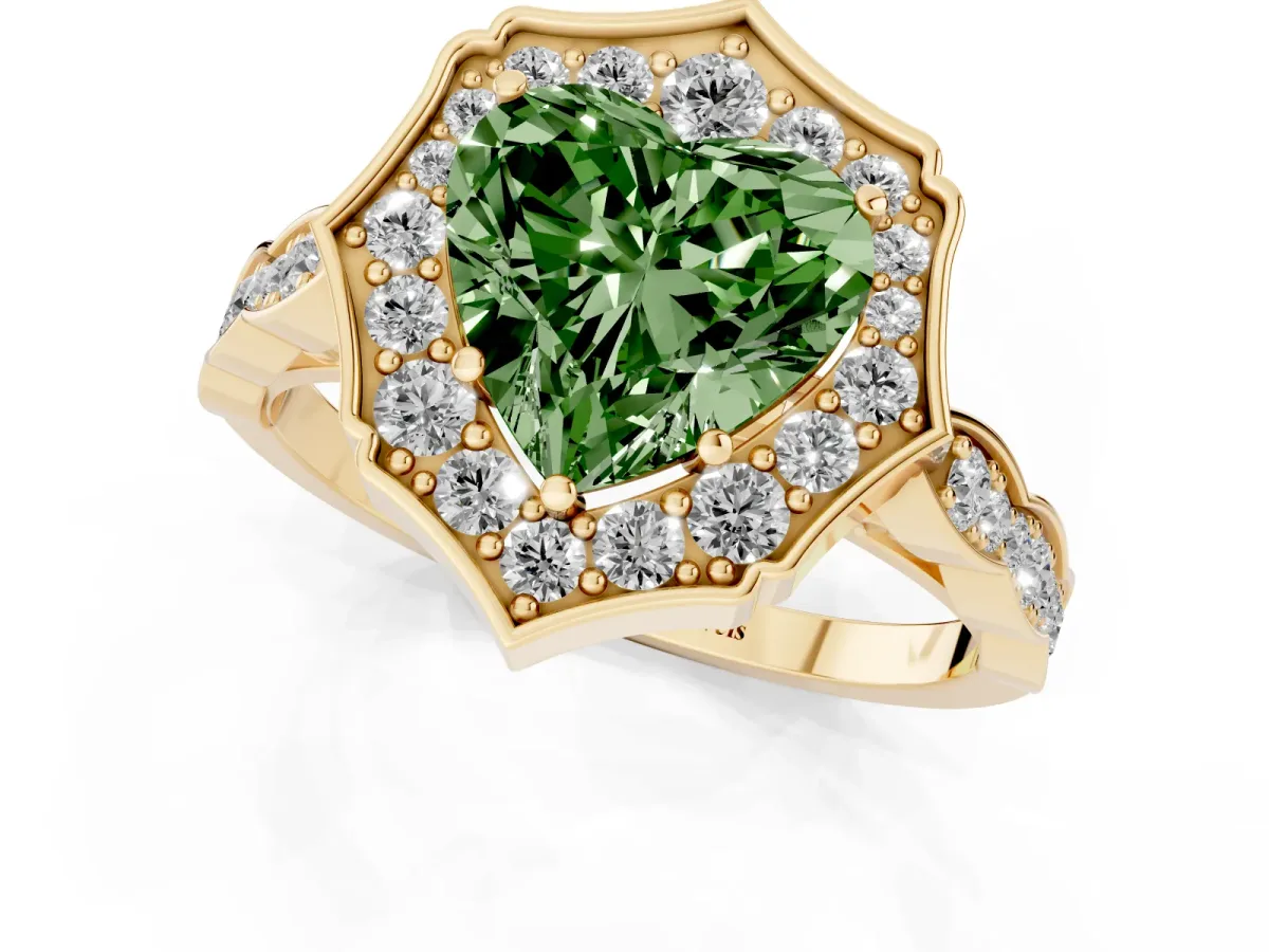 Fancy Green Heart Cut Halo Diamond Engagement Ring with Milgrain Band and Four-Prong Setting Yellow gold