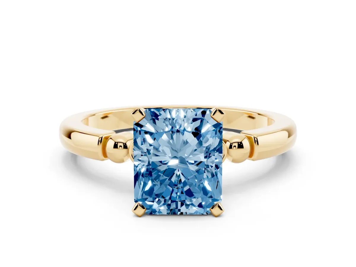 Fancy Blue Radiant Cut Solitaire Beaded Band with Four-Prong Setting Yellow gold