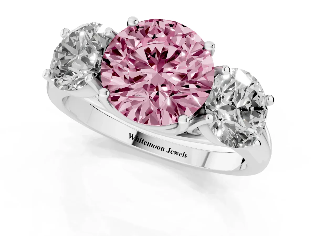 Fancy Pink Three-Stone Round Cut Diamond Engagement Ring with Prong Setting Silver