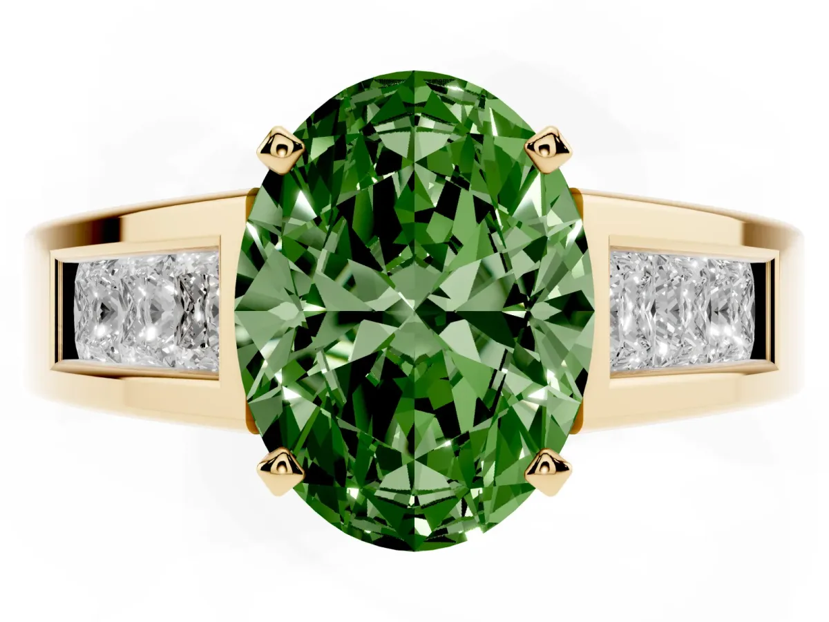 Fancy Green Oval Cut Cut Channel Set Solitaire Ring with Four-Prong Setting Yellow gold