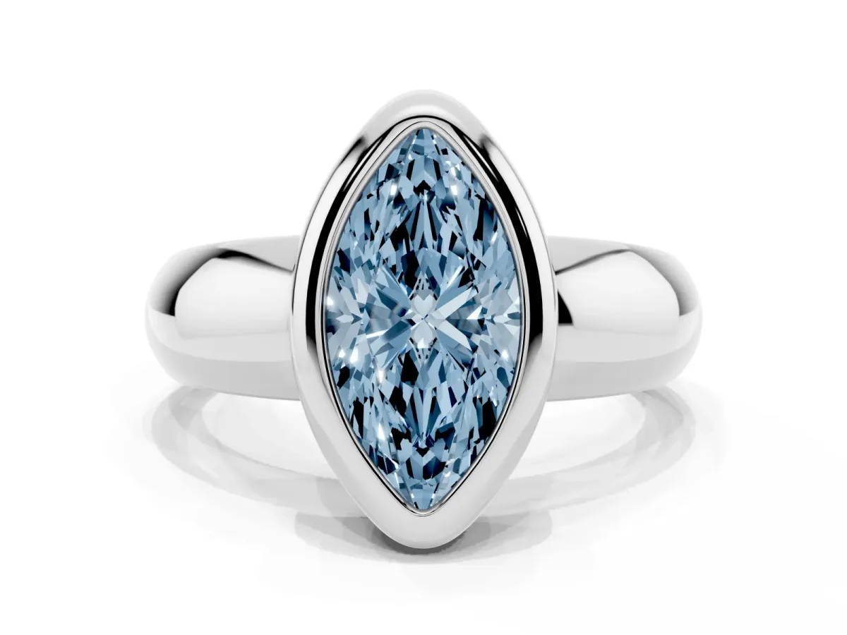 Fancy Blue Bezel Set Marquise Cut Solitaire Ring with Wide Band White gold