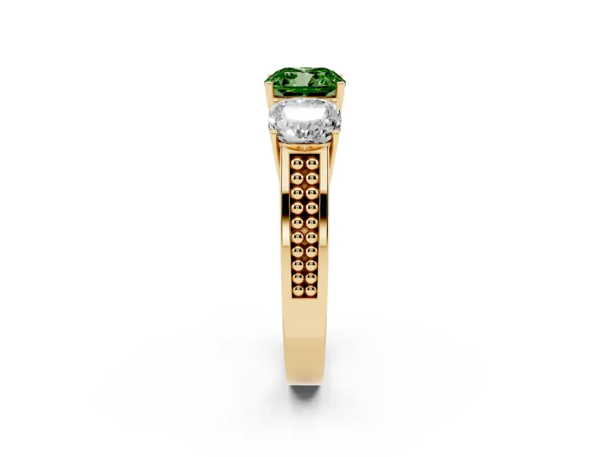 Fancy Green Cushion Cut Diamond Three-Stone Ring with Prong Setting and Textured Band Yellow gold