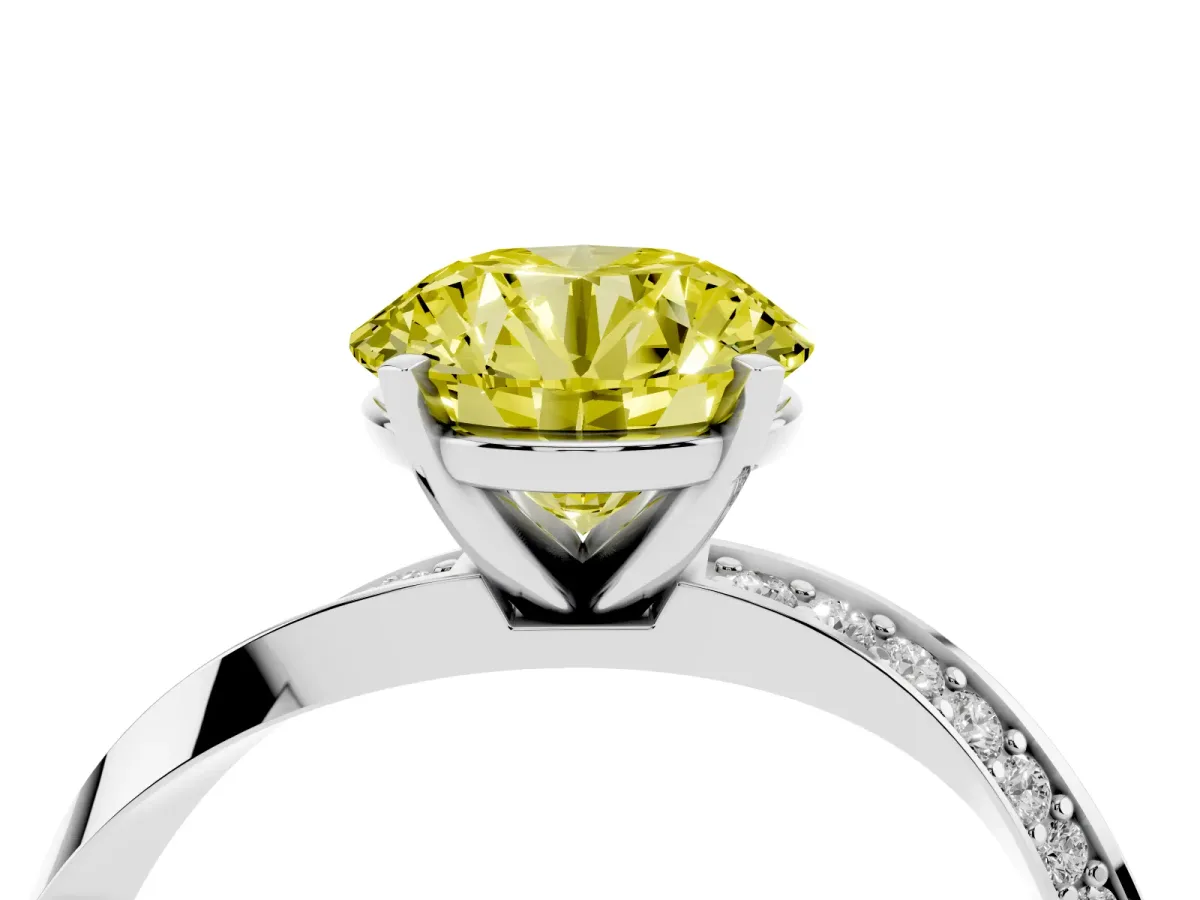 Fancy Yellow Round Cut Diamond Engagement Ring with Side Stone Accents and Four-Prong Setting Platinum
