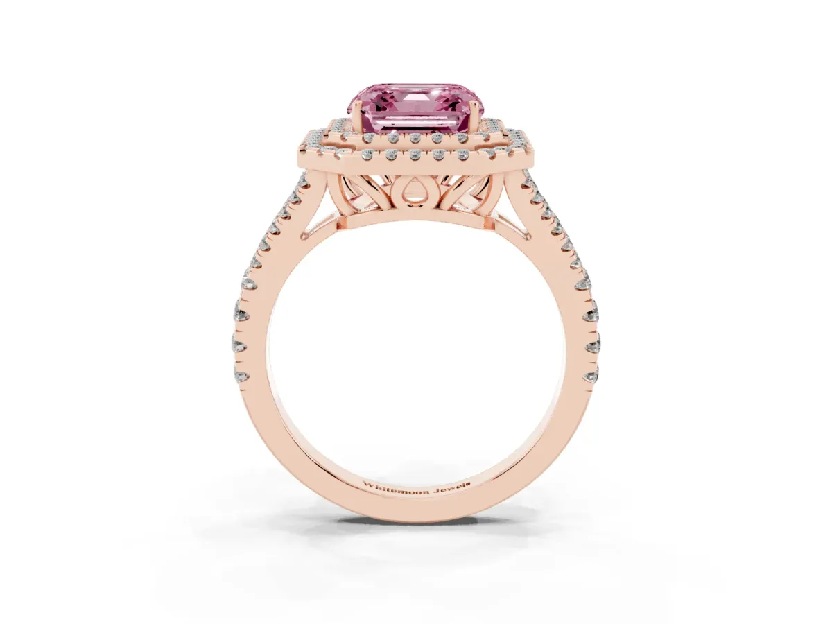Fancy Pink Asscher Cut Diamond Double Halo Ring with Pavé Band and Prong Setting Rose gold