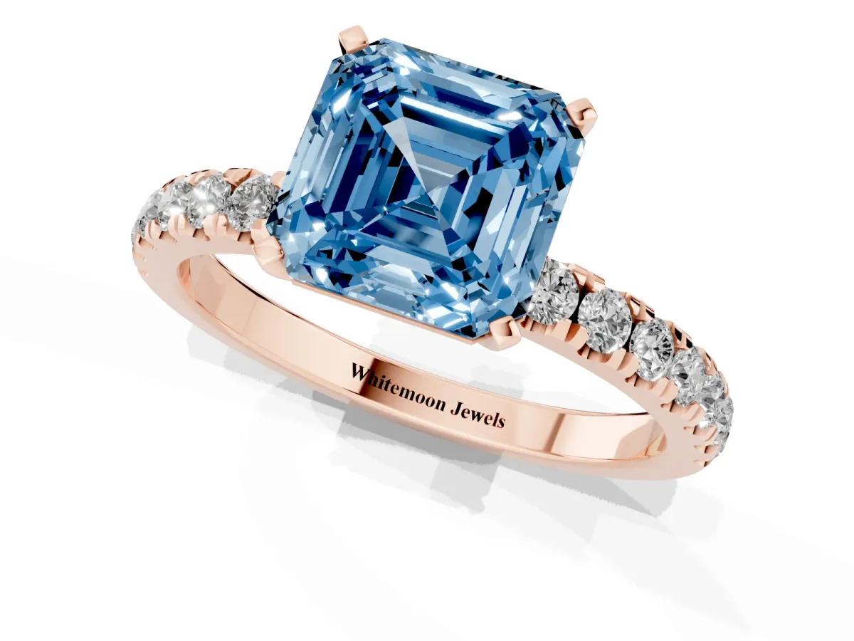 Fancy Blue Asscher Cut Diamond Solitaire Ring with Pavé Accents and Four-Prong Setting Rose gold