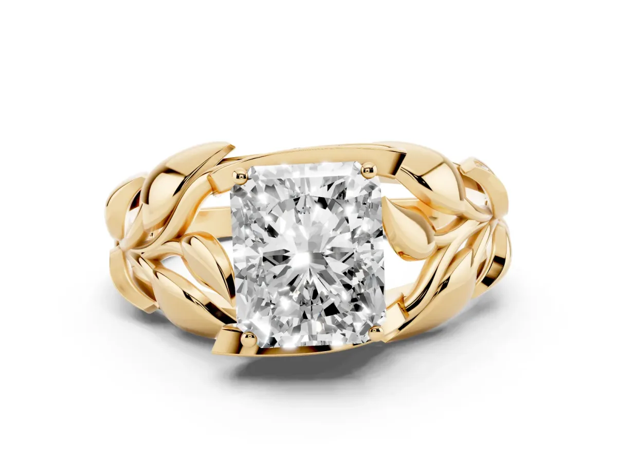 Radiant Cut Diamond Leaf-Inspired Engagement Ring with Round Accents and Prong Setting Yellow gold