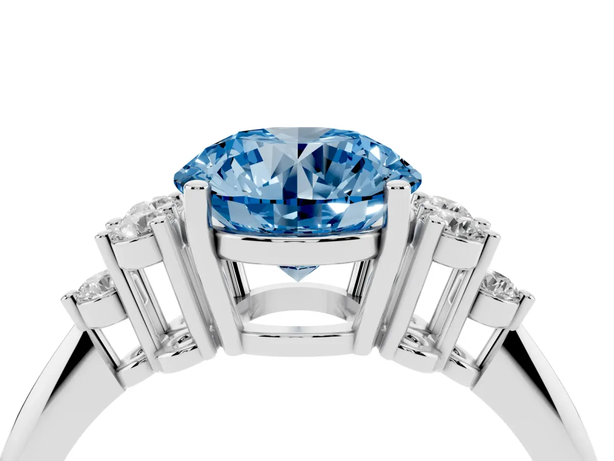 Fancy Blue Round Cut Cut Diamond Cluster Ring with Solitaire Band and Four-Prong Setting Silver