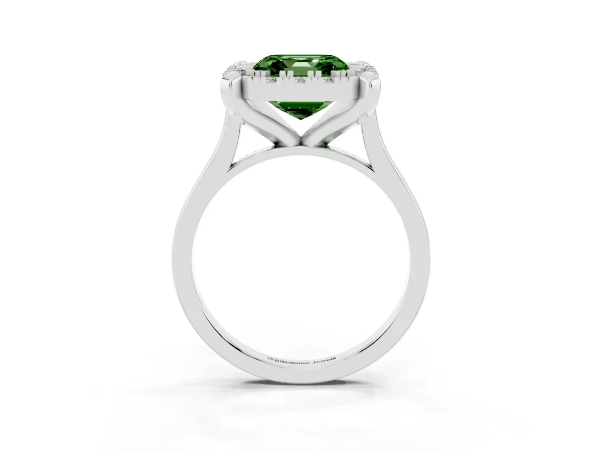 Fancy Green Asscher Cut Diamond Cluster Halo Solitaire with Four-Prong Setting Silver