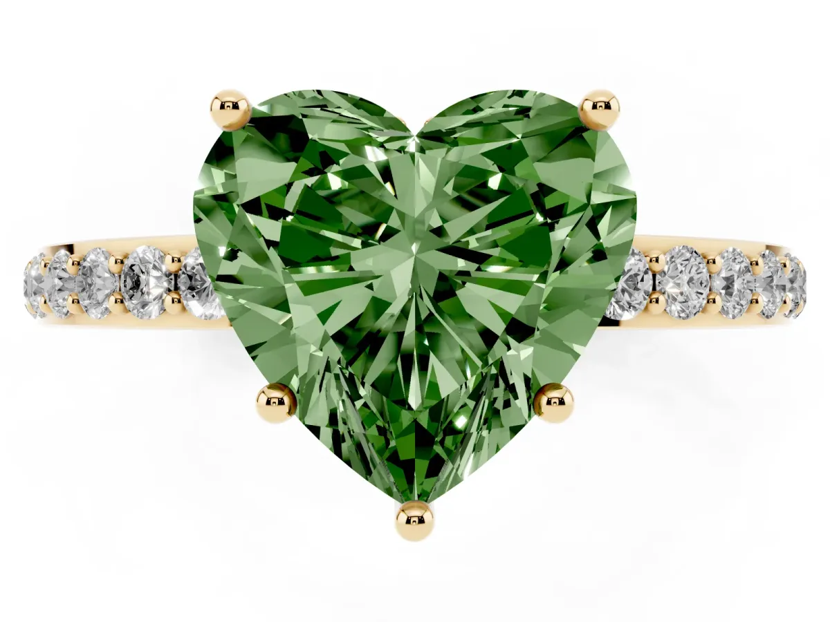 Fancy Green Heart Cut Diamond Solitaire Ring with Pavé Band and Hidden Halo Yellow gold