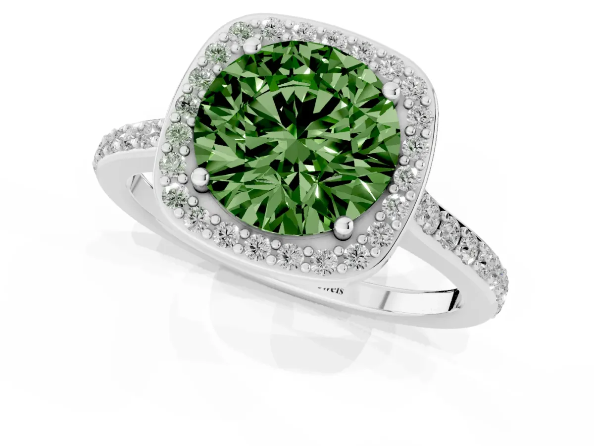 Fancy Green Round Cut Diamond Halo Engagement Ring with Round Pavé Shoulders and Prong Setting Silver