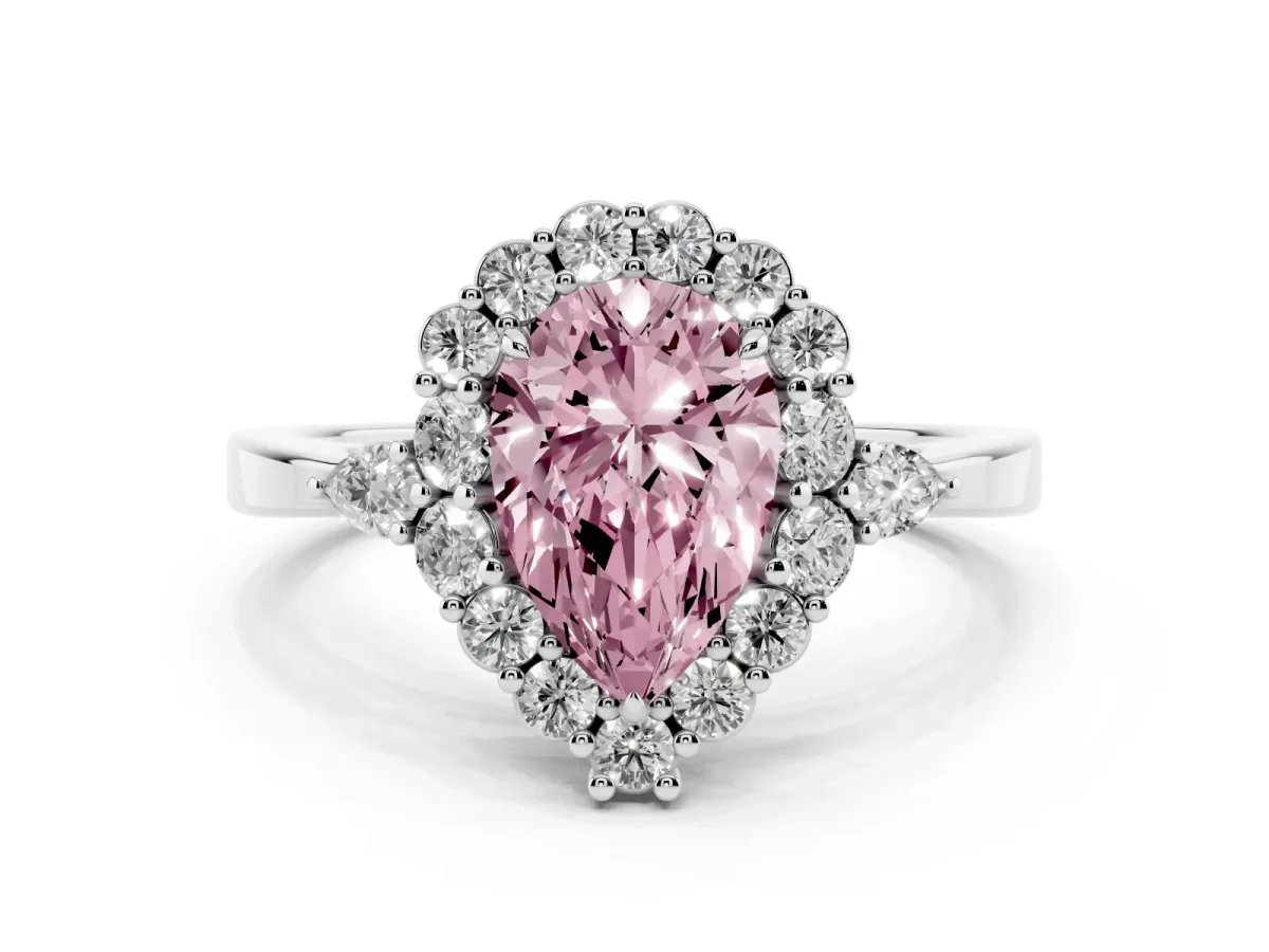 Fancy Pink Pear Cut Diamond Halo Ring with Pear Side Stones and Prong Setting Silver