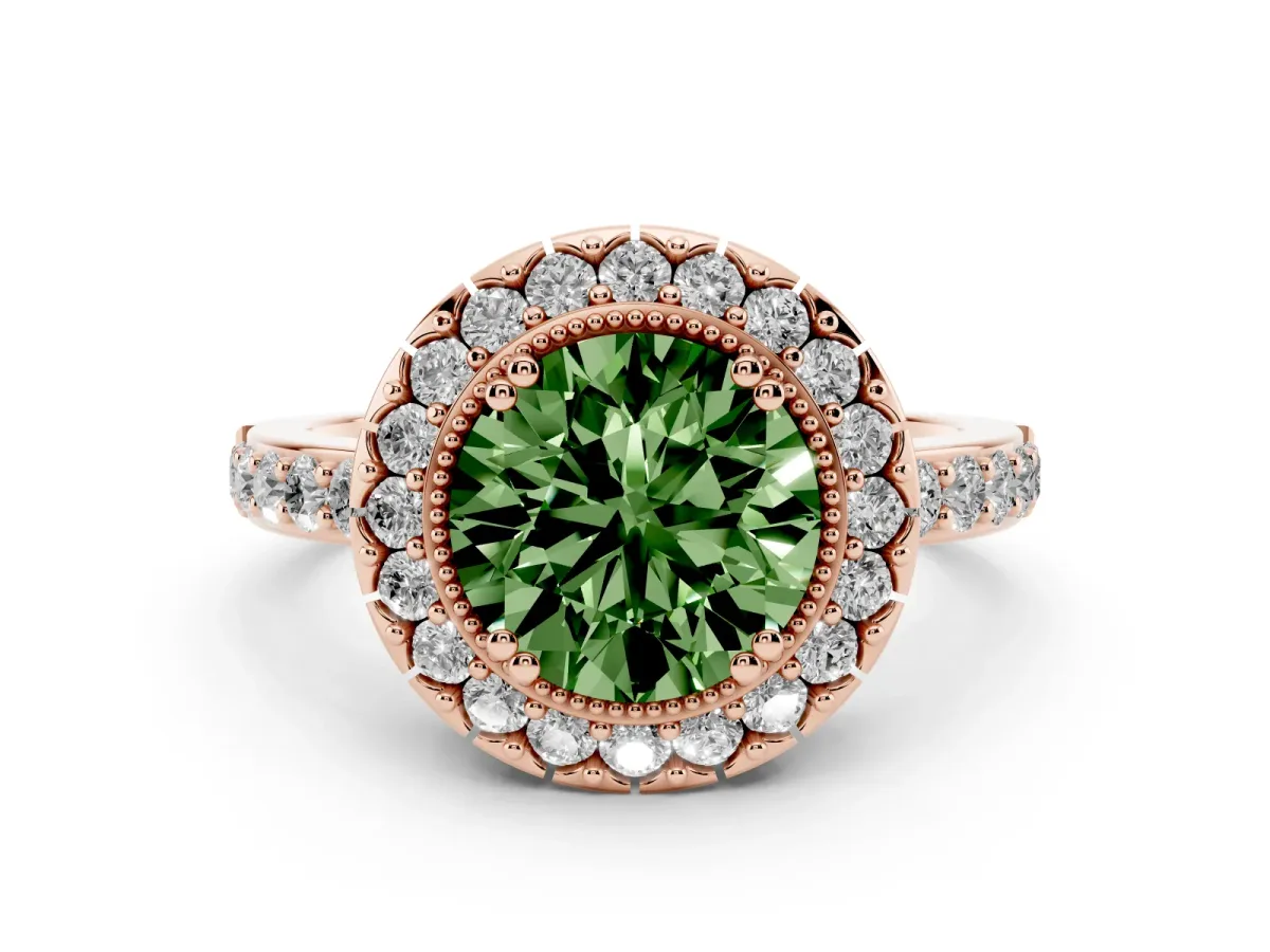 Fancy Green Round Cut Diamond Halo Ring with Pavé Band and Prong Setting Rose gold