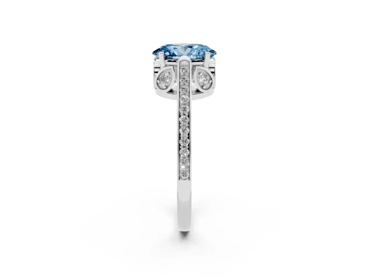 Fancy Blue Oval Cut Cut Cathedral Pave Diamond Engagement Ring with Six-Prong Setting Platinum