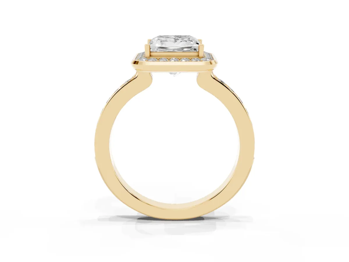 Princess Cut Diamond Halo Ring with Bezel Frame and Pavé Band Yellow gold