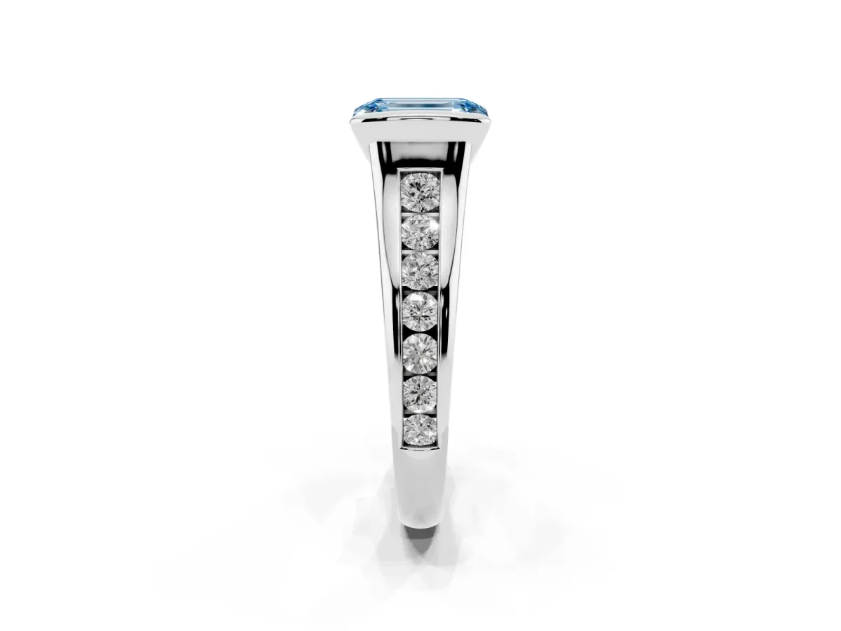 Fancy Blue Emerald Cut Solitaire Bezel-Set Diamond Ring with Channel-Set Band Platinum