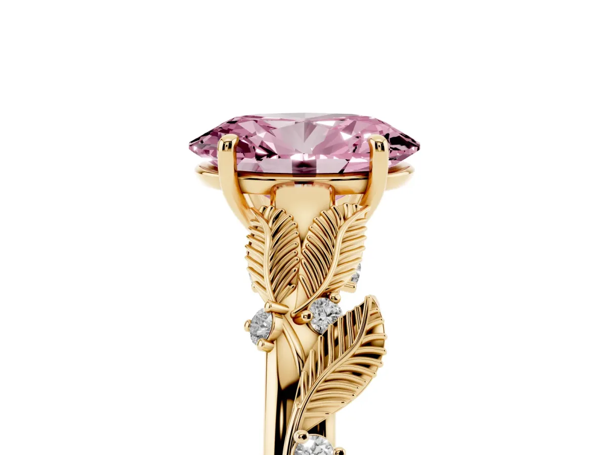 Fancy Pink Oval Cut Diamond Solitaire Ring with Leaf Motif Band and Four-Prong Setting Yellow gold