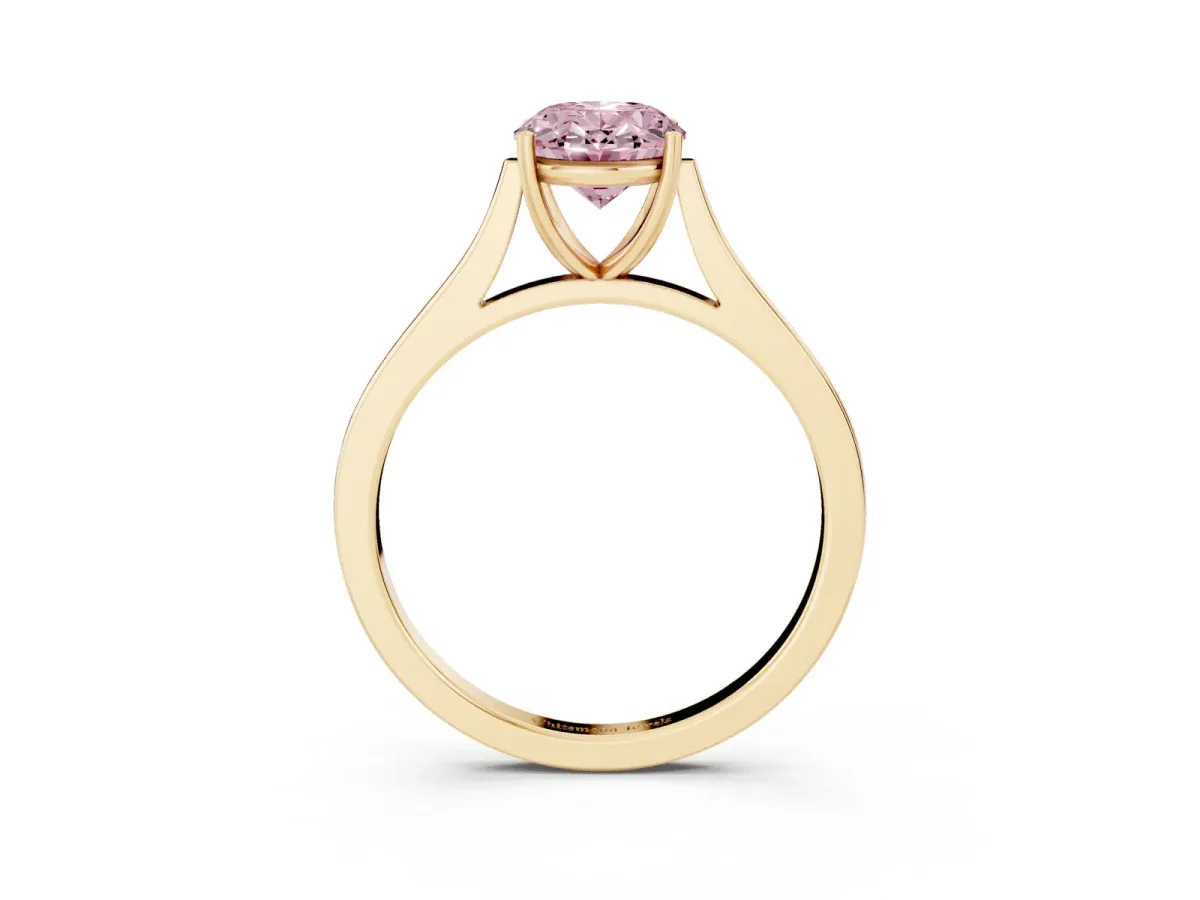 Fancy Pink Oval Cut Solitaire Heart Prong Engagement Ring with Tapered Band Yellow gold