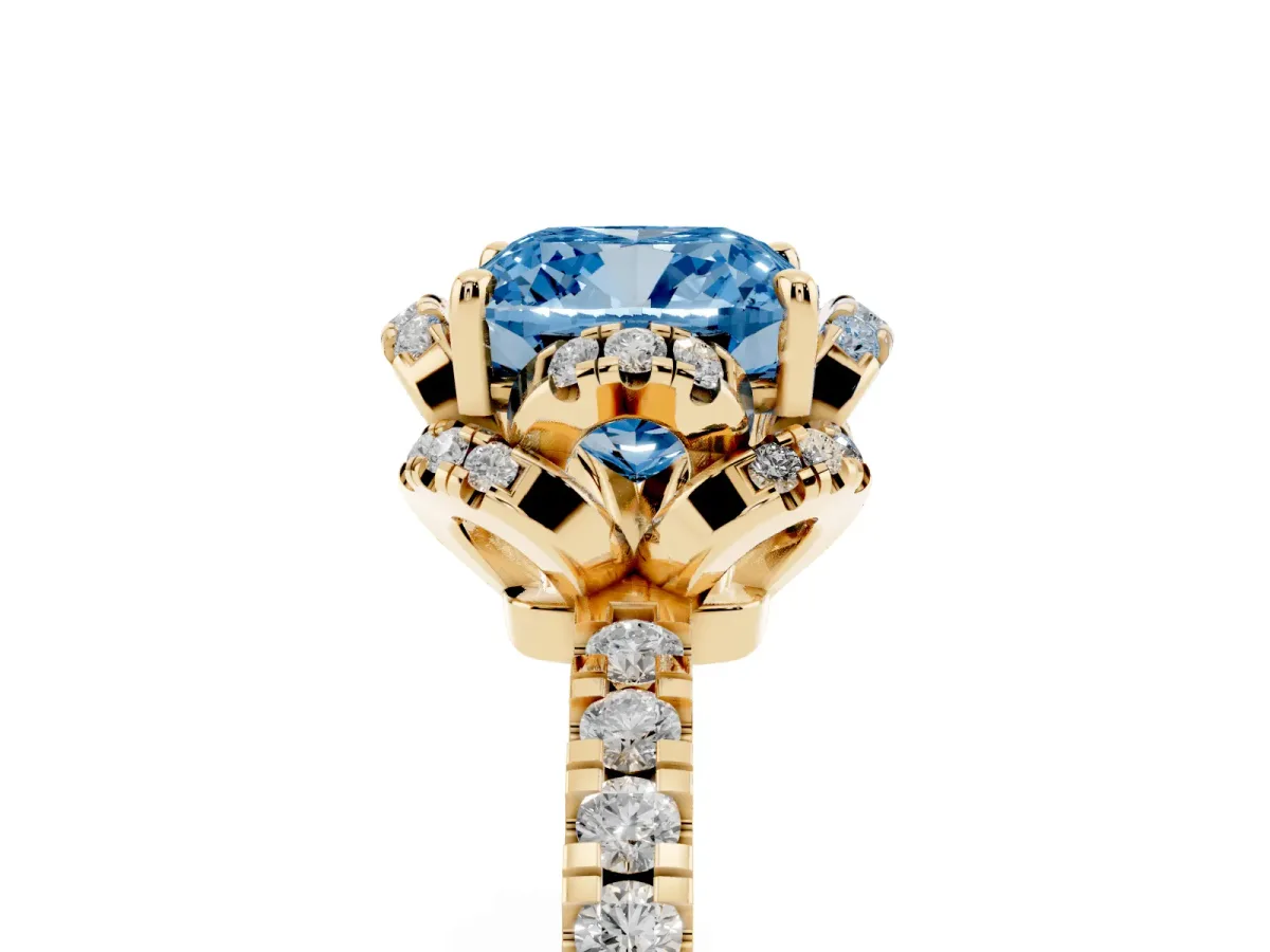 Fancy Blue Cushion Cut Diamond Halo Pave Band with Four-Prong Setting Yellow gold