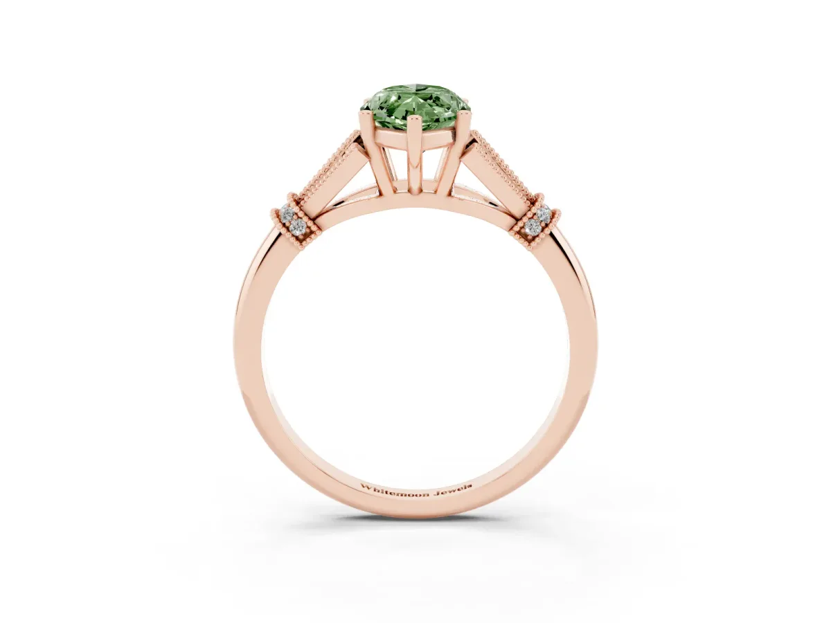 Fancy Green Marquise Cut Diamond Solitaire Ring with Floral Filigree and Pave Accents Rose gold