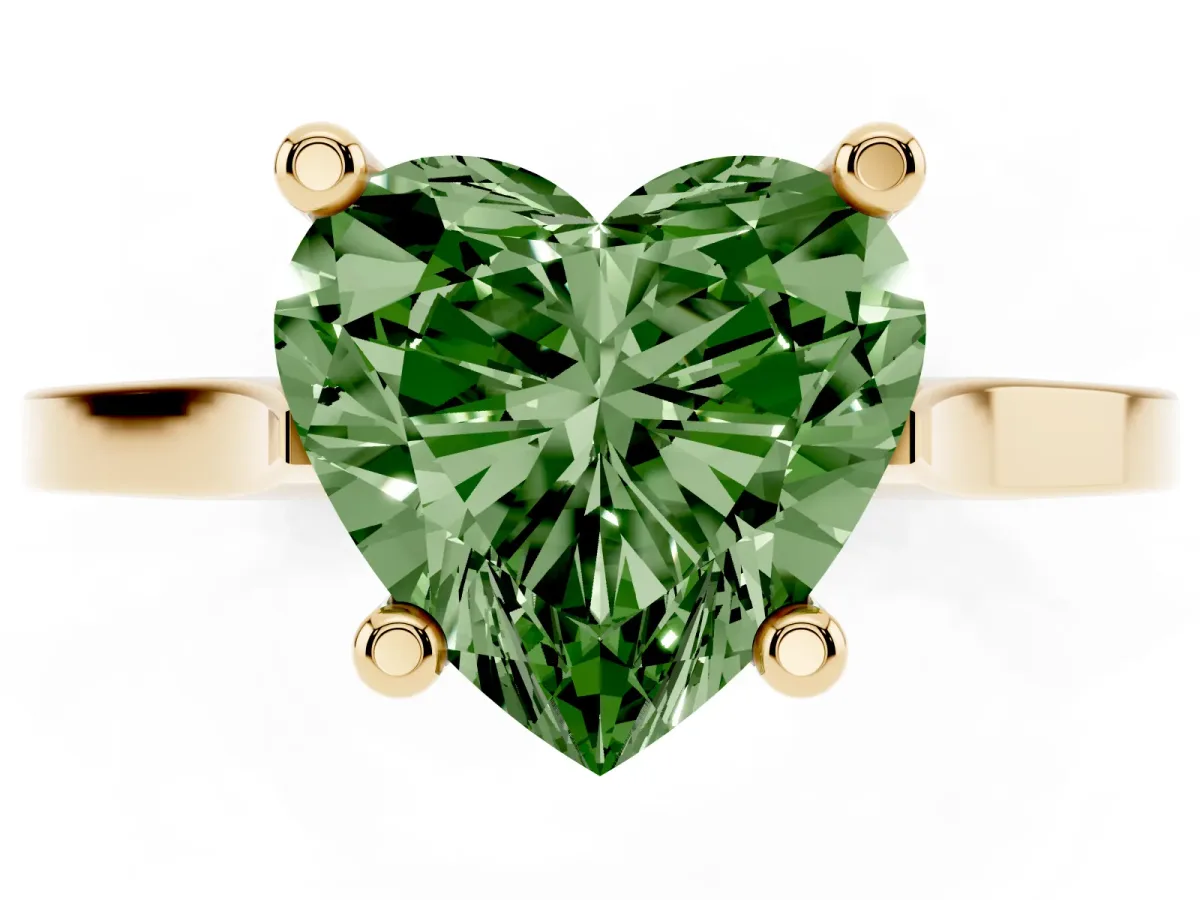 Fancy Green Heart Cut Solitaire Diamond Ring with Four-Prong Setting and Tapered Band Yellow gold