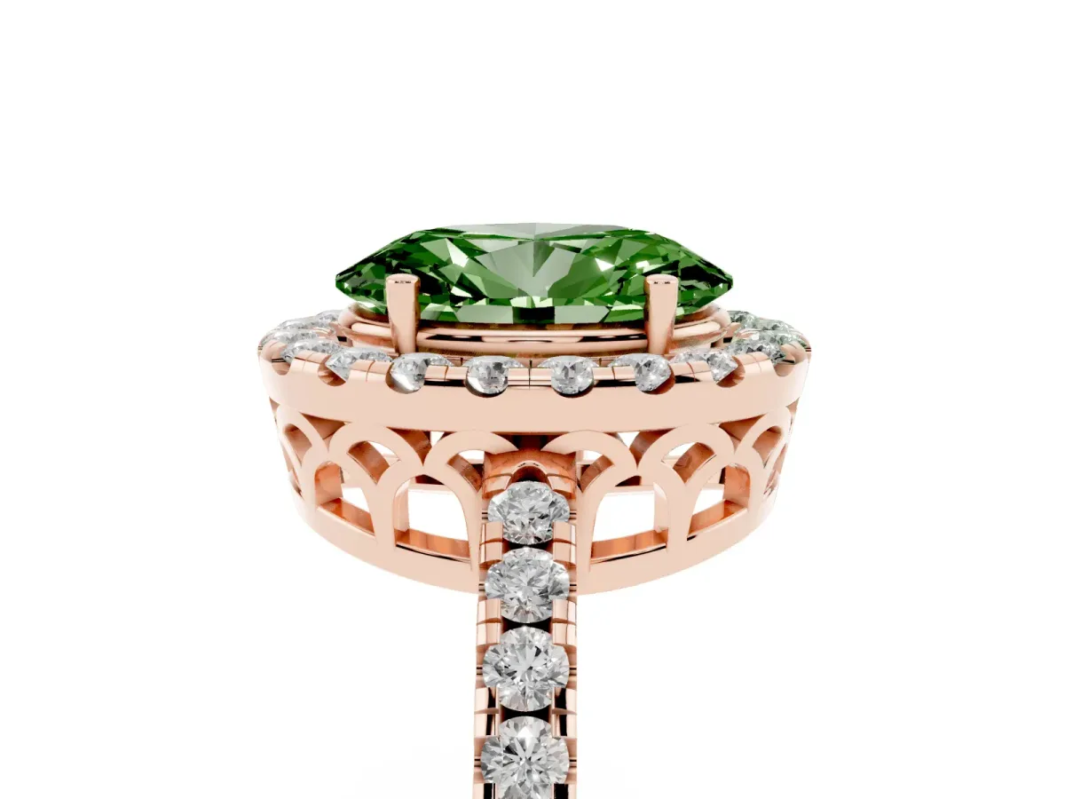 Fancy Green Oval Cut Halo Diamond Engagement Ring with Pavé Band and Four-Prong Setting Rose gold
