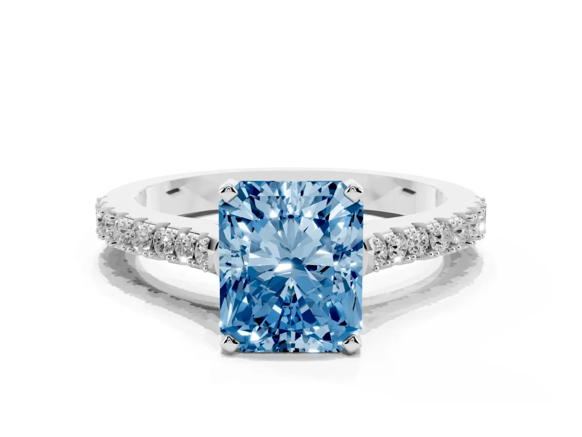 Fancy Blue Radiant Cut Cut Solitaire Diamond Engagement Ring with Pave Band and Four-Prong Setting White gold