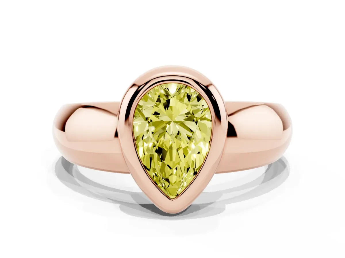 Fancy Yellow Bezel Set Pear Cut Solitaire Ring with Wide Band Rose gold