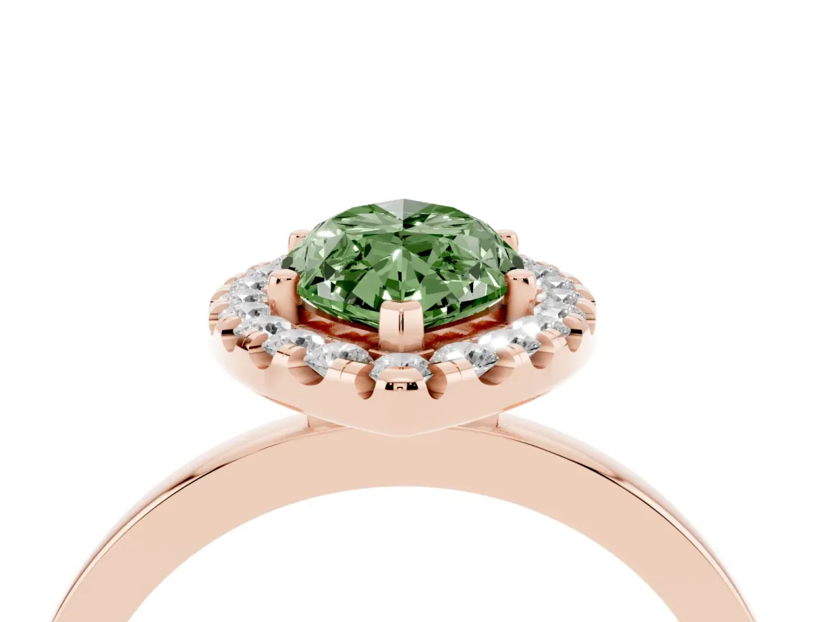 Fancy Green Marquise Cut Halo Diamond Solitaire with Pavé Band and Four-Prong Setting Rose gold