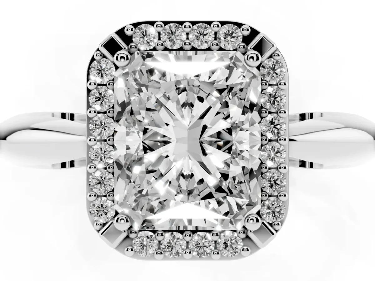 Radiant Cut Cut Diamond Halo Engagement Ring with Split Shank and Four-Prong Setting Silver