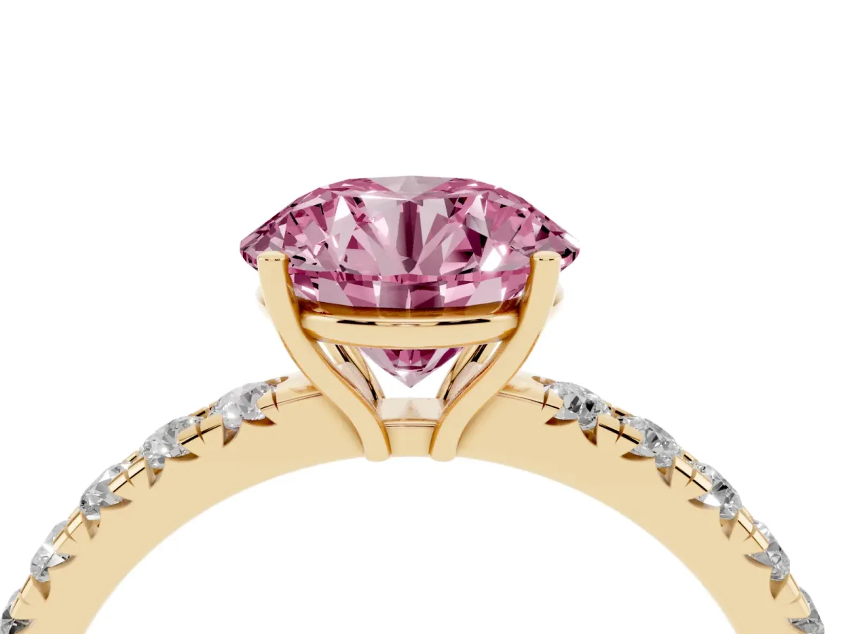 Fancy Pink Round Cut Diamond Pavé Solitaire Engagement Ring with Four-Prong Setting Yellow gold