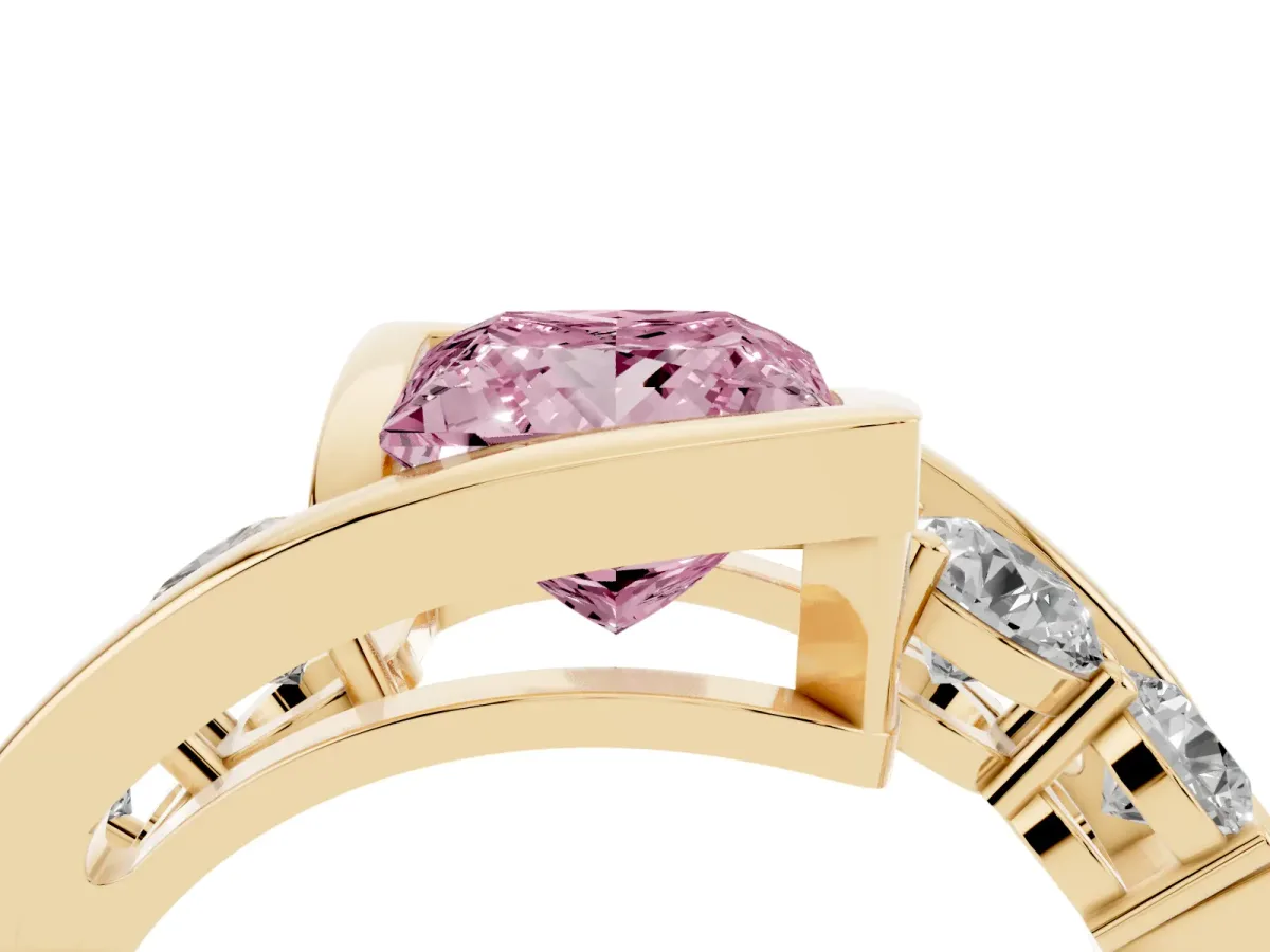 Fancy Pink Bezel Set Princess Cut Diamond Bypass Ring with Round Accents Yellow gold