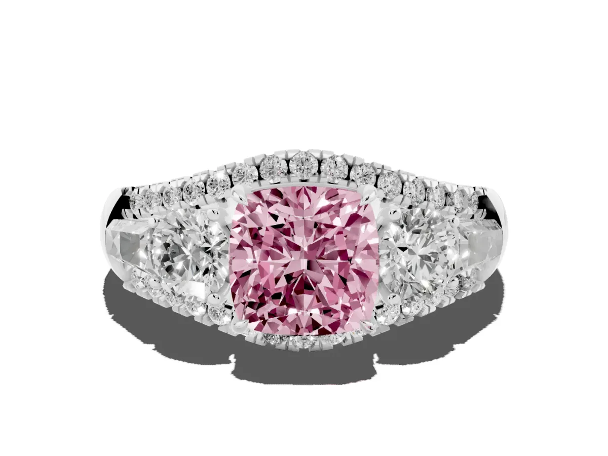 Fancy Pink Three-Stone Cushion Cut Diamond Engagement Ring with Pave Band and Prong Setting Silver