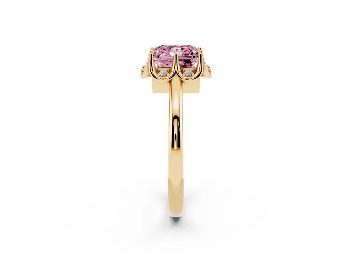 Fancy Pink Princess Cut Halo Diamond Ring with Round Cluster Setting, Solitaire Band, and Four-Prong Setting Yellow gold