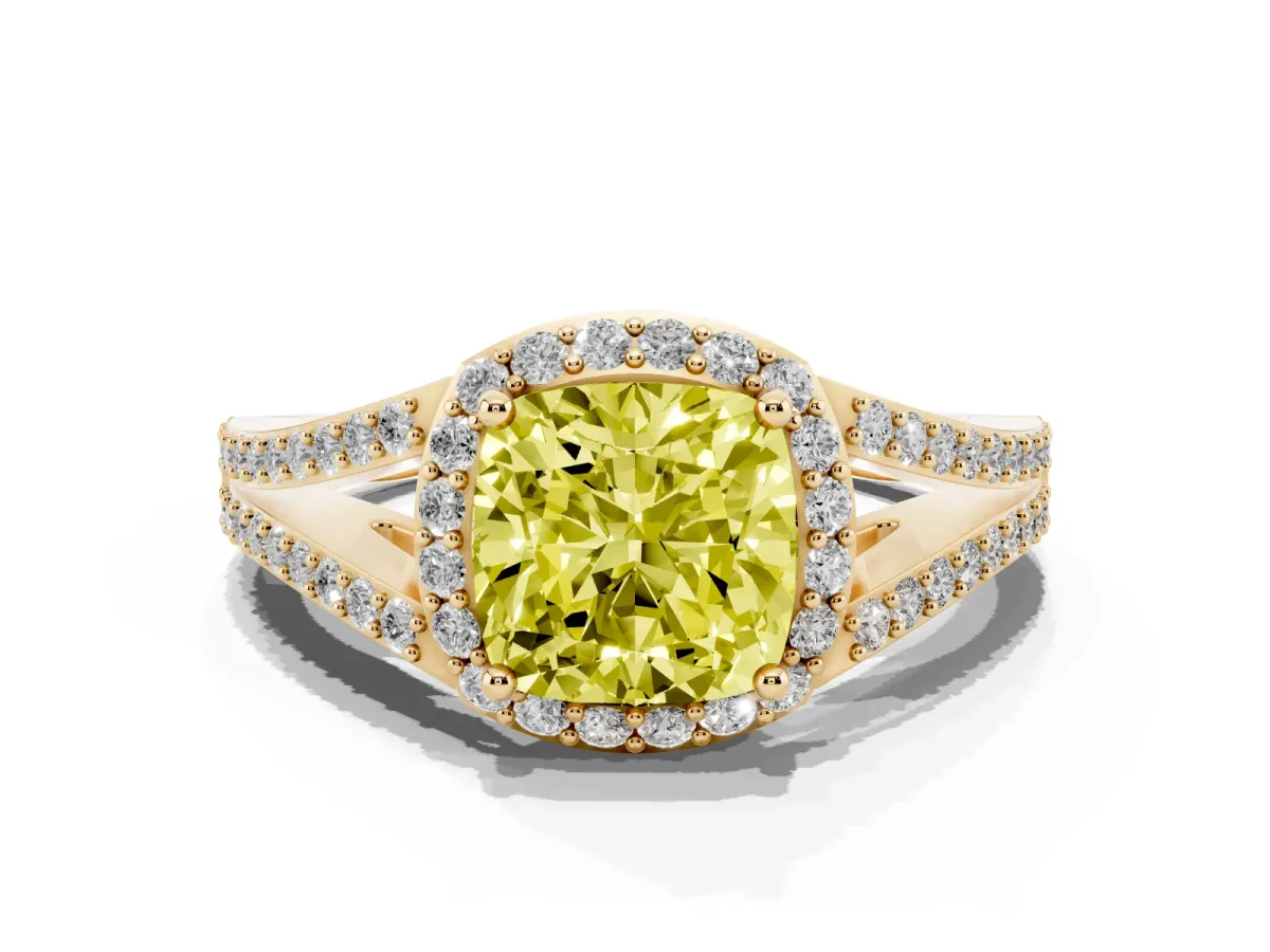 Fancy Yellow Cushion Cut Halo Split Shank Diamond Ring with Prong Setting Yellow gold