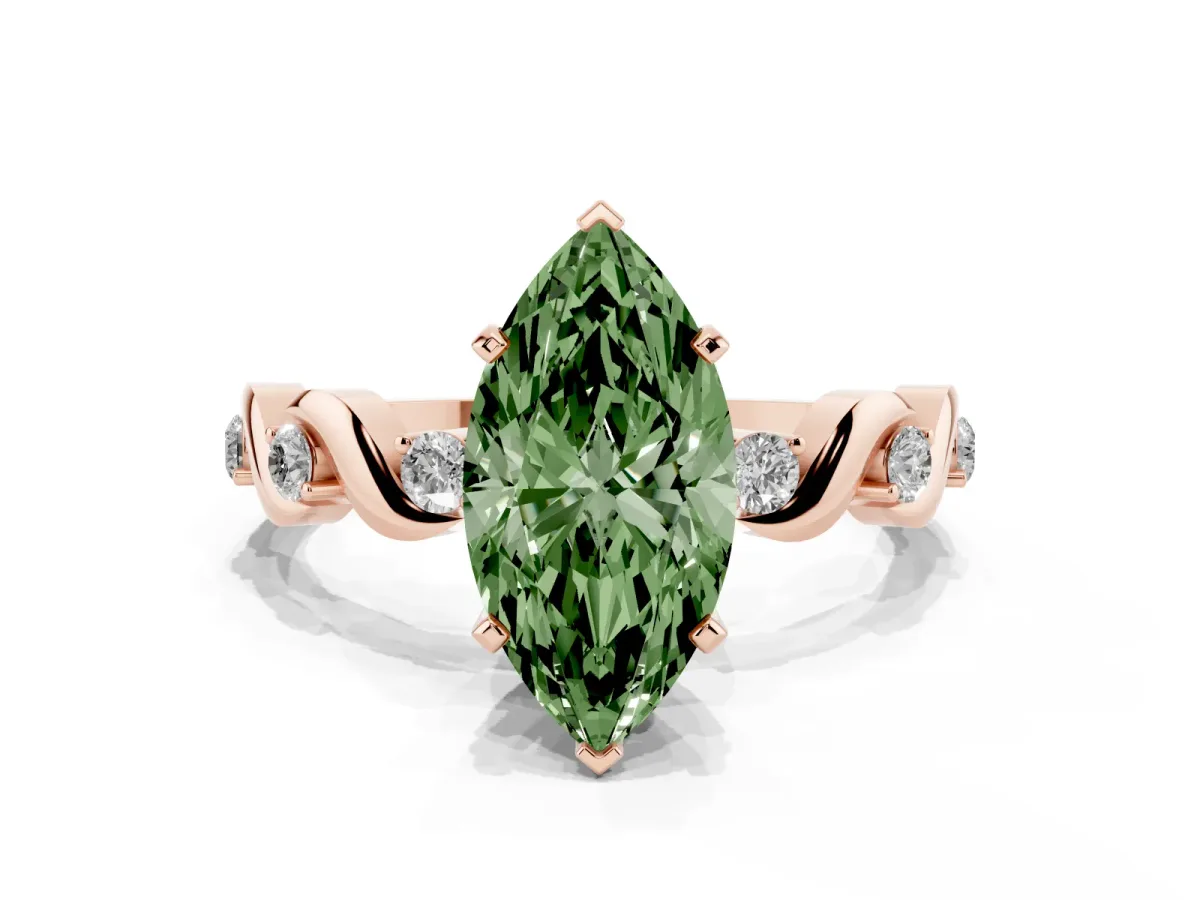 Fancy Green Marquise Cut Diamond Solitaire Twisted Band with Round Accents and Prong Setting Rose gold