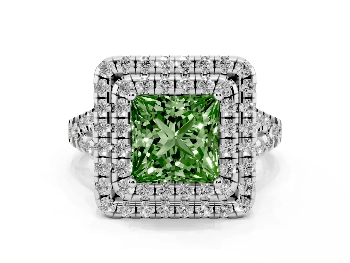 Fancy Green Double Halo Princess Cut Diamond Pavé Split Shank Ring with Prong Setting Silver