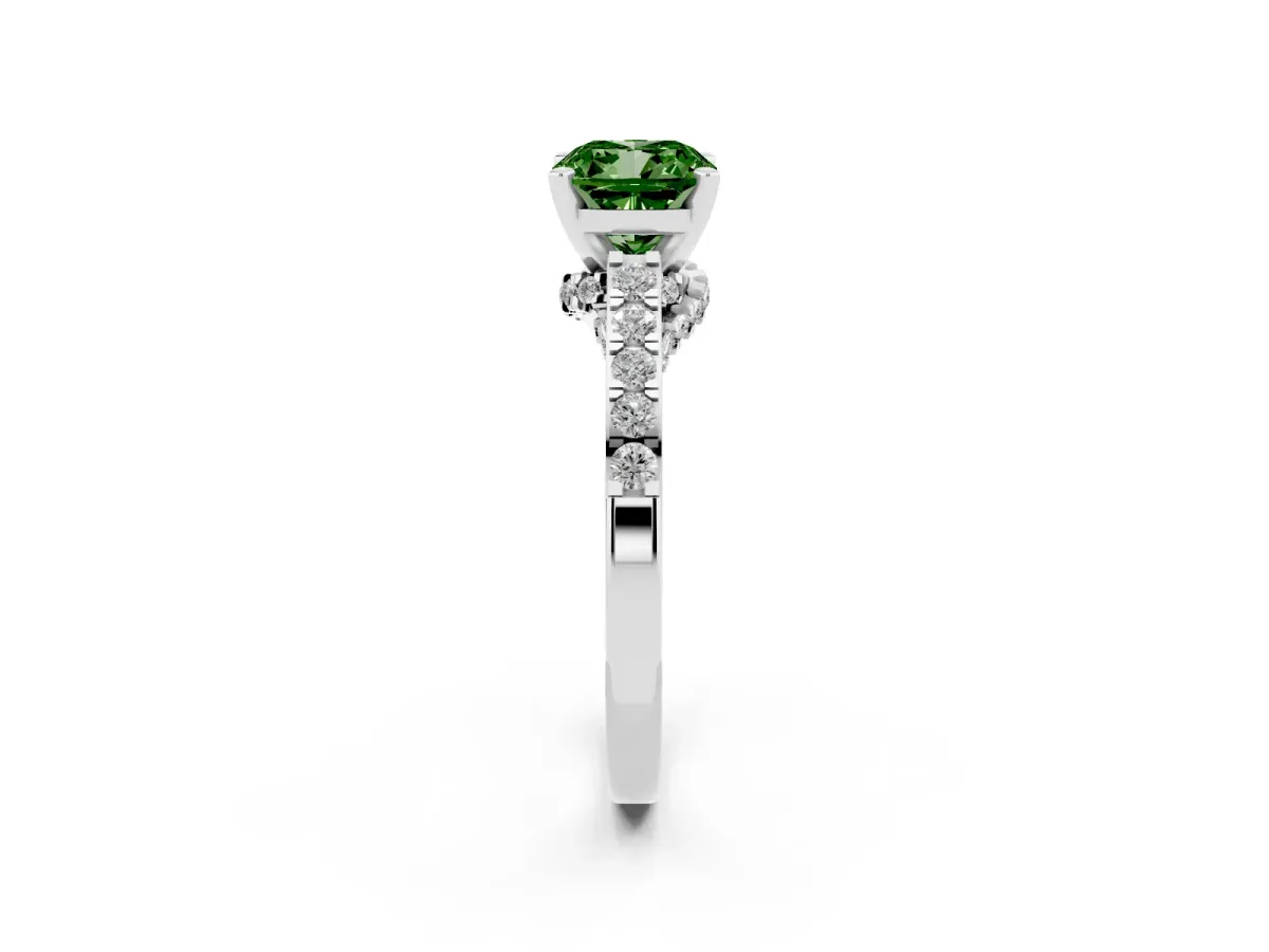 Fancy Green Cushion Cut Diamond Solitaire Ring with Crossover Gallery and Round Pavé Band Platinum