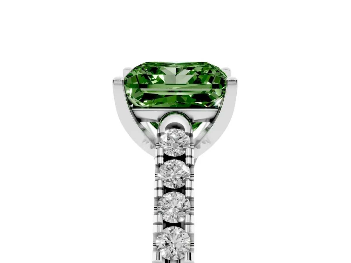 Fancy Green Princess Cut Diamond Pavé Band Solitaire Ring with Prong Setting Silver