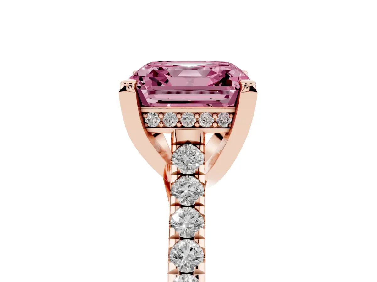 Fancy Pink Asscher Cut Brilliant Diamond Solitaire with Pavé Band and Four-Prong Setting Rose gold