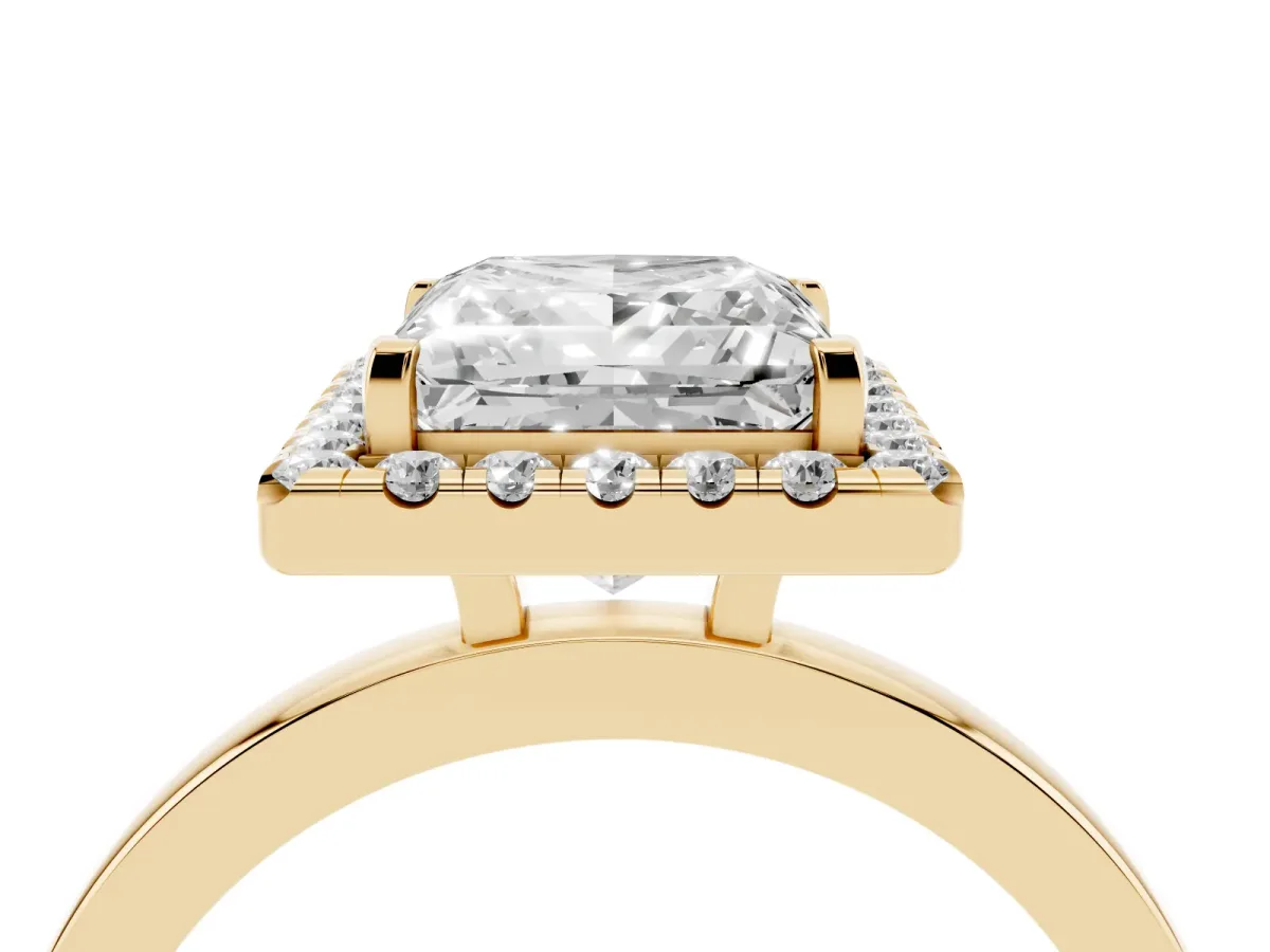Princess Cut Halo Diamond Solitaire with Pavé Band and Four-Prong Setting Yellow gold