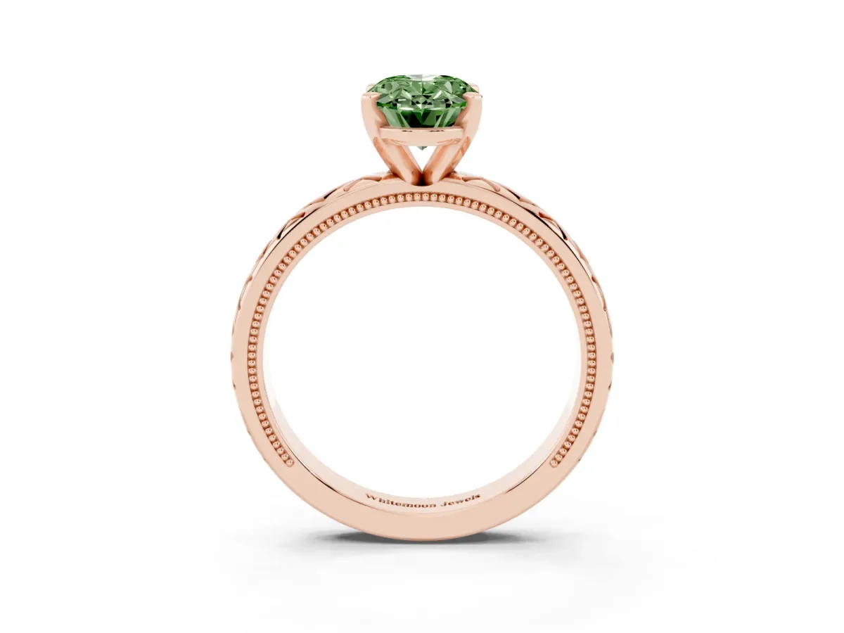 Fancy Green Oval Cut Solitaire Diamond Ring with Milgrain and Black Enamel X Pattern Band Rose gold